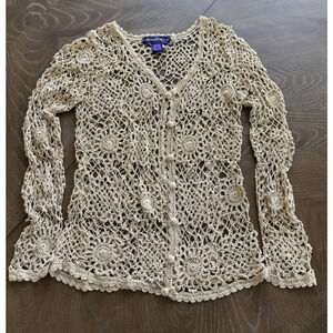 VTG Russell Kemp Crochet Cardigan Silk/Rayon Blend Size Large Boho Heirloom